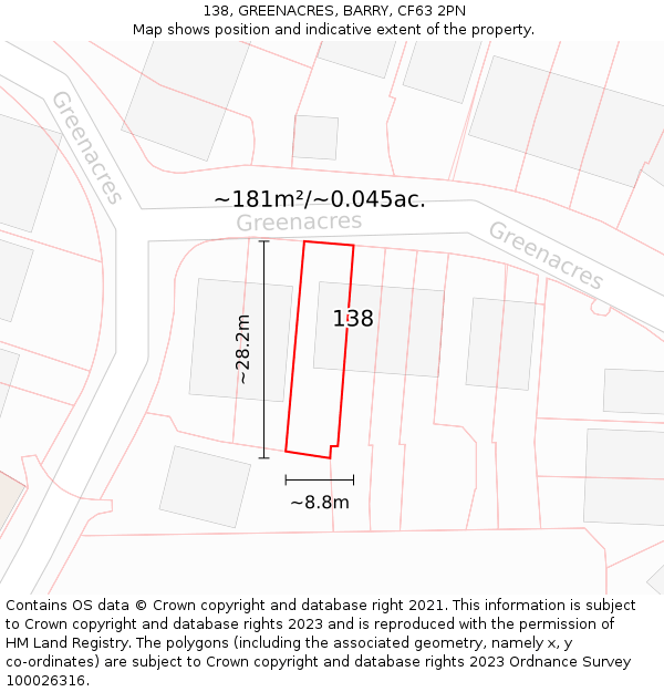 138, GREENACRES, BARRY, CF63 2PN: Plot and title map