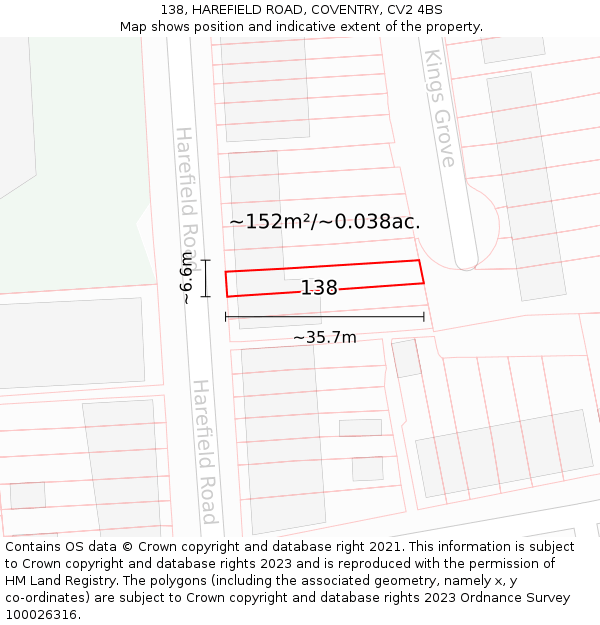 138, HAREFIELD ROAD, COVENTRY, CV2 4BS: Plot and title map