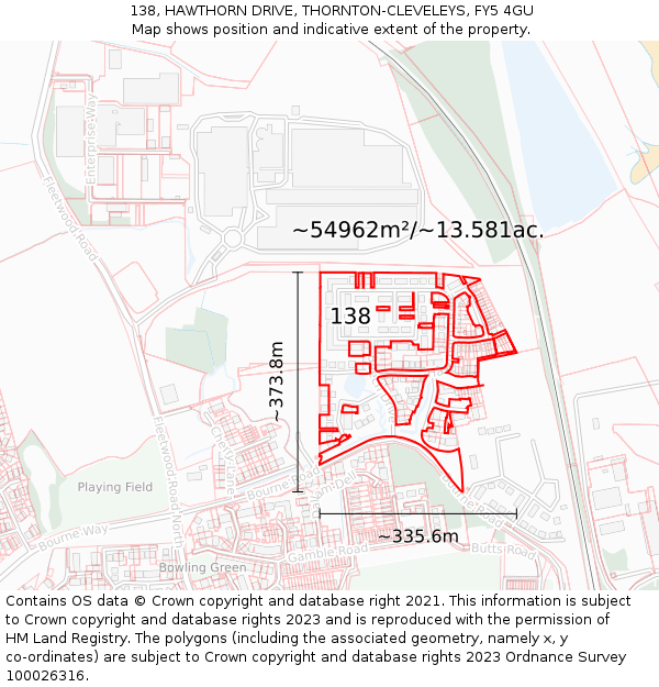 138, HAWTHORN DRIVE, THORNTON-CLEVELEYS, FY5 4GU: Plot and title map