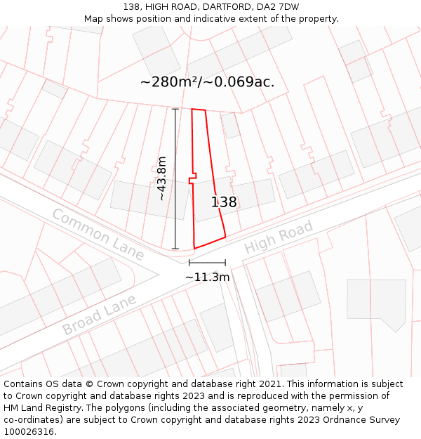 138, HIGH ROAD, DARTFORD, DA2 7DW: Plot and title map