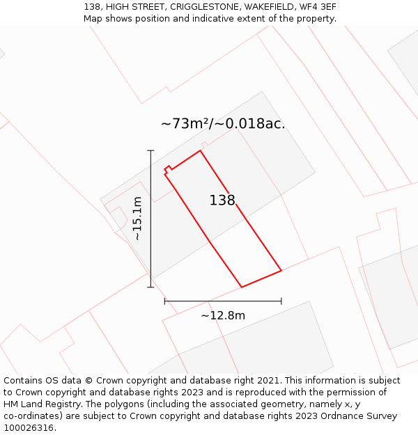 138, HIGH STREET, CRIGGLESTONE, WAKEFIELD, WF4 3EF: Plot and title map