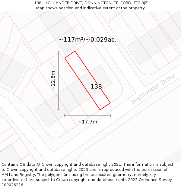 138, HIGHLANDER DRIVE, DONNINGTON, TELFORD, TF2 8JZ: Plot and title map