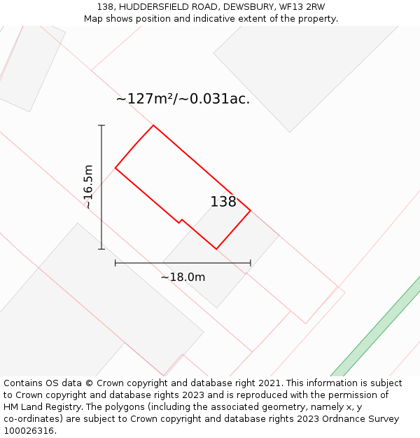 138, HUDDERSFIELD ROAD, DEWSBURY, WF13 2RW: Plot and title map