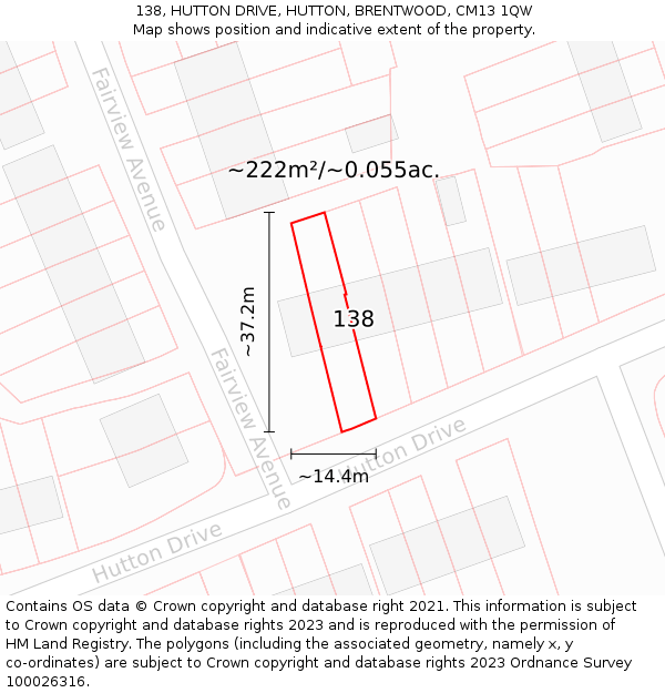 138, HUTTON DRIVE, HUTTON, BRENTWOOD, CM13 1QW: Plot and title map