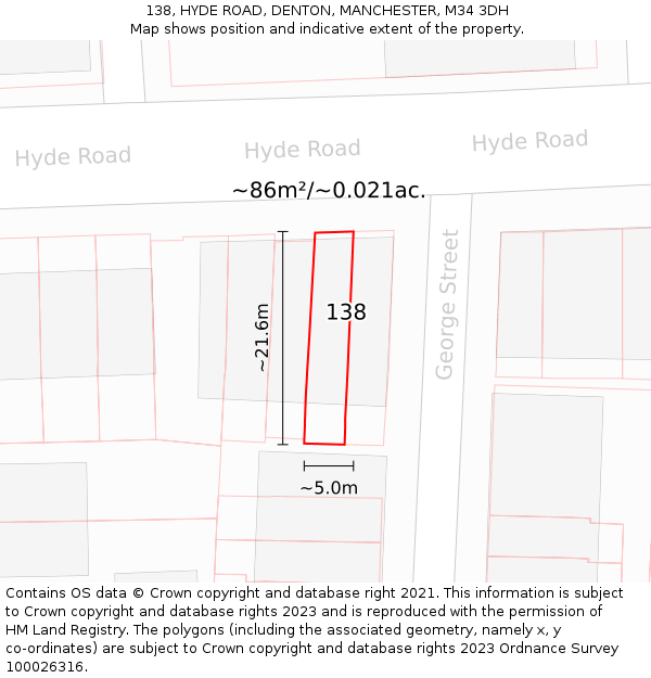 138, HYDE ROAD, DENTON, MANCHESTER, M34 3DH: Plot and title map