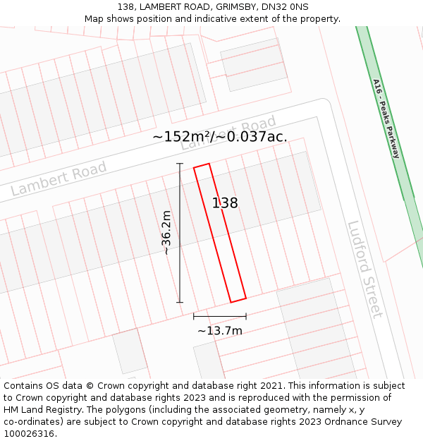 138, LAMBERT ROAD, GRIMSBY, DN32 0NS: Plot and title map