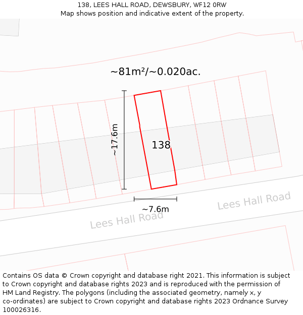 138, LEES HALL ROAD, DEWSBURY, WF12 0RW: Plot and title map