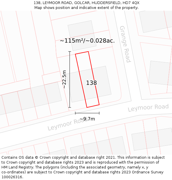 138, LEYMOOR ROAD, GOLCAR, HUDDERSFIELD, HD7 4QX: Plot and title map