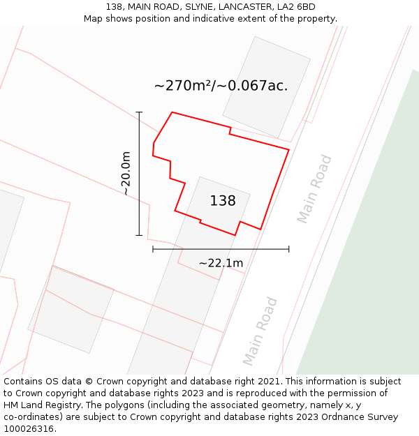 138, MAIN ROAD, SLYNE, LANCASTER, LA2 6BD: Plot and title map