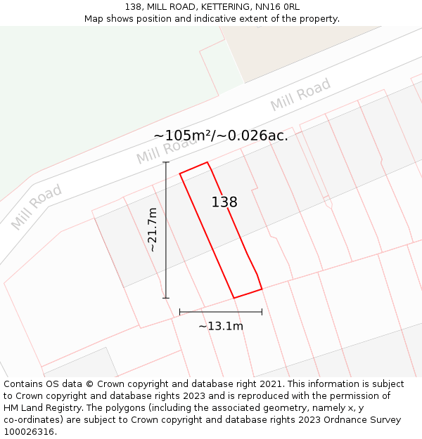 138, MILL ROAD, KETTERING, NN16 0RL: Plot and title map