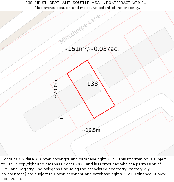 138, MINSTHORPE LANE, SOUTH ELMSALL, PONTEFRACT, WF9 2UH: Plot and title map