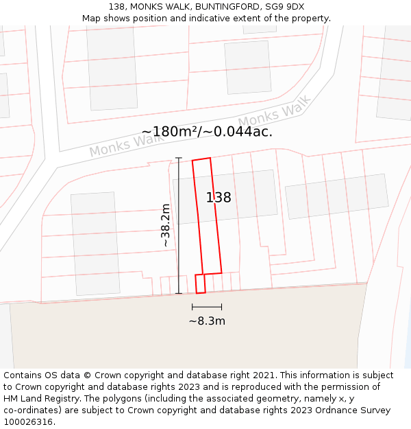 138, MONKS WALK, BUNTINGFORD, SG9 9DX: Plot and title map
