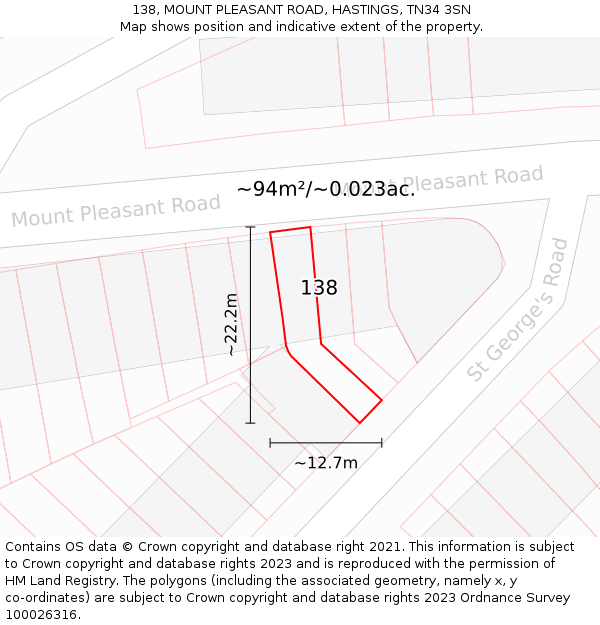 138, MOUNT PLEASANT ROAD, HASTINGS, TN34 3SN: Plot and title map