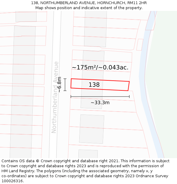 138, NORTHUMBERLAND AVENUE, HORNCHURCH, RM11 2HR: Plot and title map