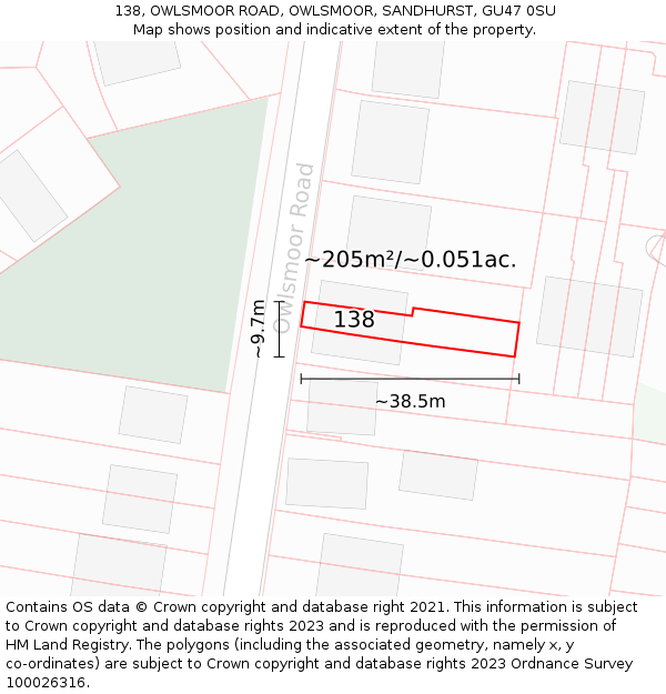 138, OWLSMOOR ROAD, OWLSMOOR, SANDHURST, GU47 0SU: Plot and title map