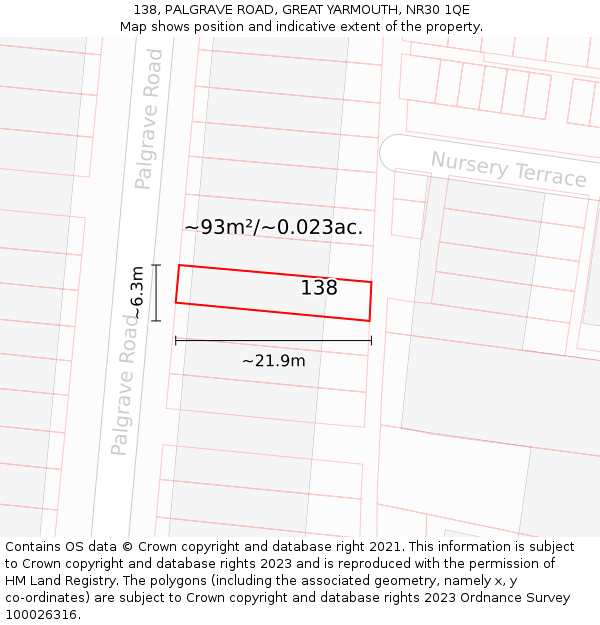 138, PALGRAVE ROAD, GREAT YARMOUTH, NR30 1QE: Plot and title map