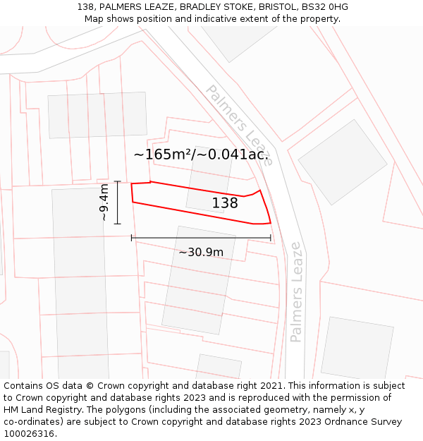 138, PALMERS LEAZE, BRADLEY STOKE, BRISTOL, BS32 0HG: Plot and title map