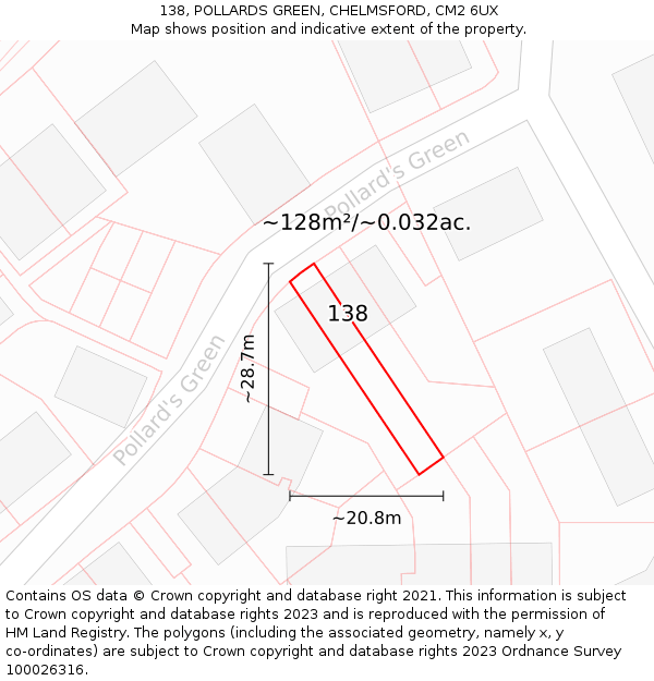 138, POLLARDS GREEN, CHELMSFORD, CM2 6UX: Plot and title map