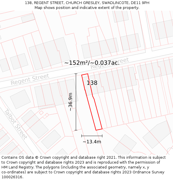 138, REGENT STREET, CHURCH GRESLEY, SWADLINCOTE, DE11 9PH: Plot and title map
