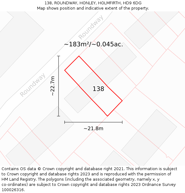 138, ROUNDWAY, HONLEY, HOLMFIRTH, HD9 6DG: Plot and title map