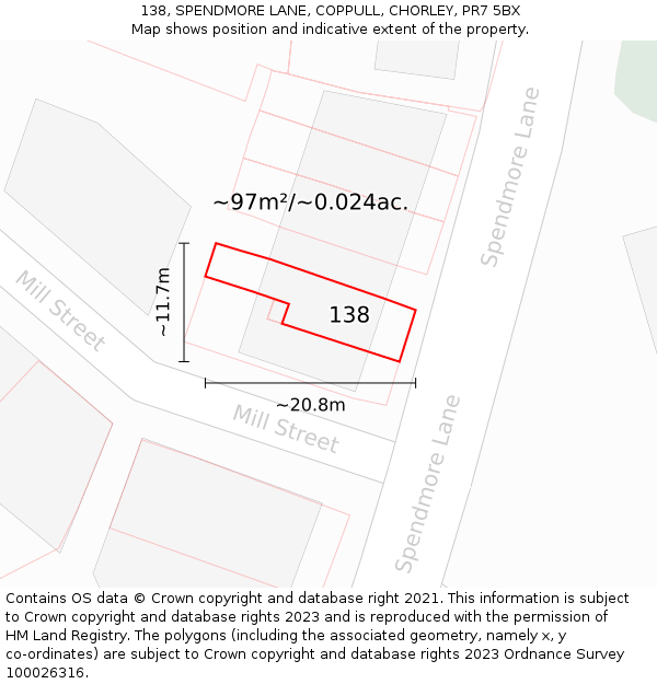 138, SPENDMORE LANE, COPPULL, CHORLEY, PR7 5BX: Plot and title map