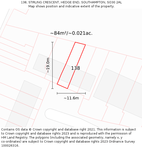 138, STIRLING CRESCENT, HEDGE END, SOUTHAMPTON, SO30 2AL: Plot and title map
