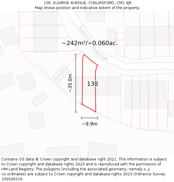 138, SUNRISE AVENUE, CHELMSFORD, CM1 4JR: Plot and title map