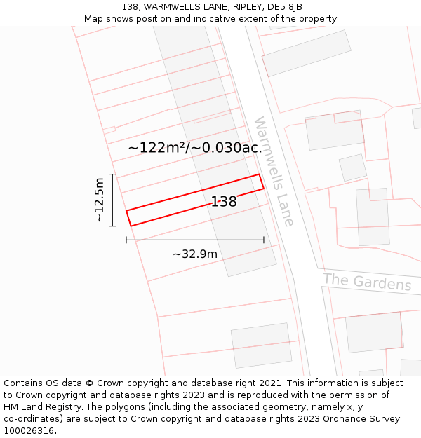 138, WARMWELLS LANE, RIPLEY, DE5 8JB: Plot and title map