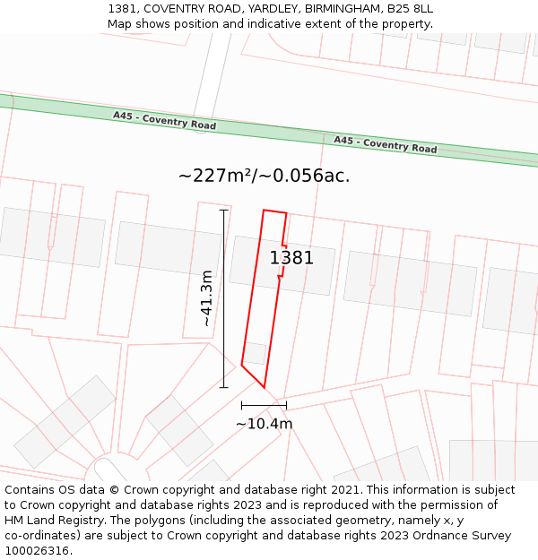 1381, COVENTRY ROAD, YARDLEY, BIRMINGHAM, B25 8LL: Plot and title map
