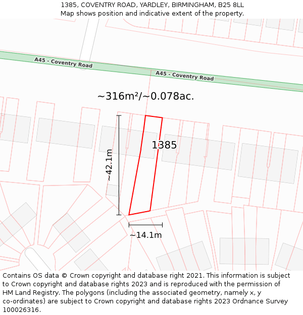 1385, COVENTRY ROAD, YARDLEY, BIRMINGHAM, B25 8LL: Plot and title map