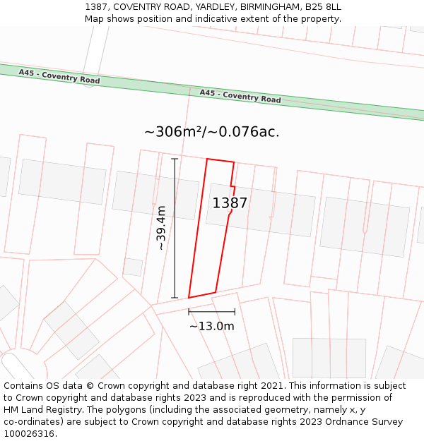 1387, COVENTRY ROAD, YARDLEY, BIRMINGHAM, B25 8LL: Plot and title map