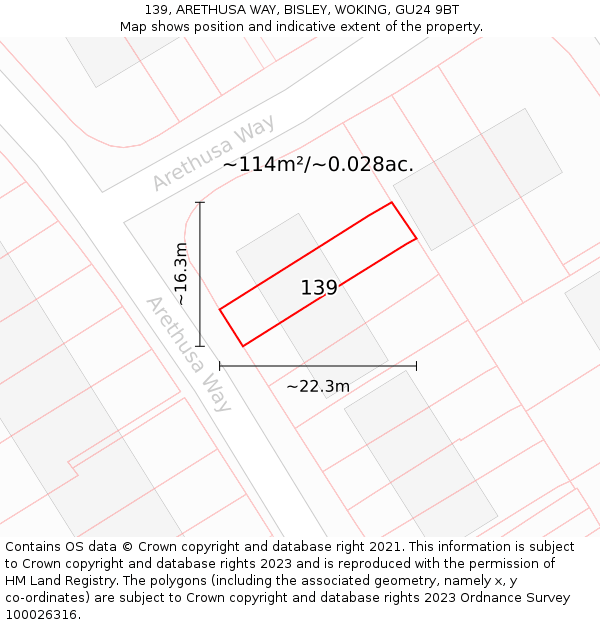 139, ARETHUSA WAY, BISLEY, WOKING, GU24 9BT: Plot and title map