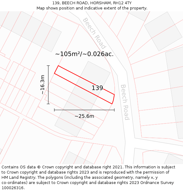 139, BEECH ROAD, HORSHAM, RH12 4TY: Plot and title map