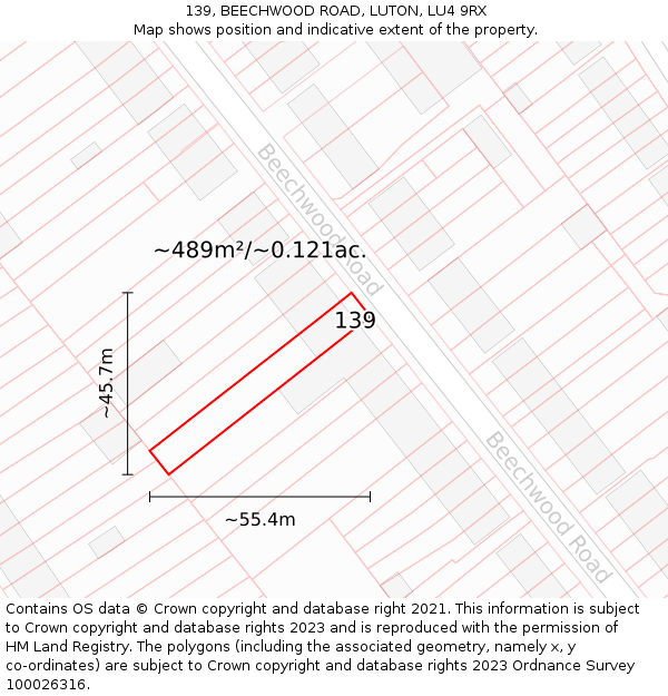 139, BEECHWOOD ROAD, LUTON, LU4 9RX: Plot and title map