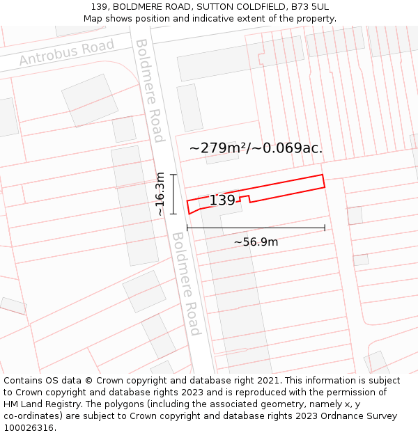 139, BOLDMERE ROAD, SUTTON COLDFIELD, B73 5UL: Plot and title map