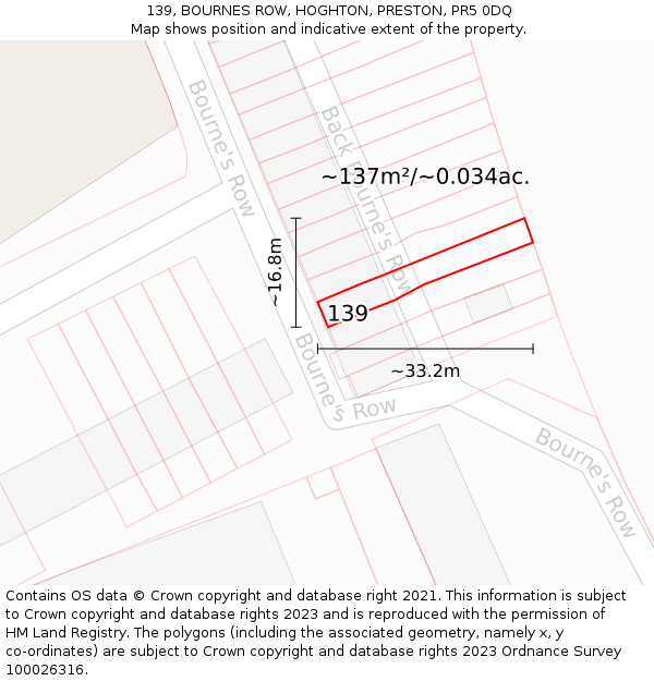 139, BOURNES ROW, HOGHTON, PRESTON, PR5 0DQ: Plot and title map
