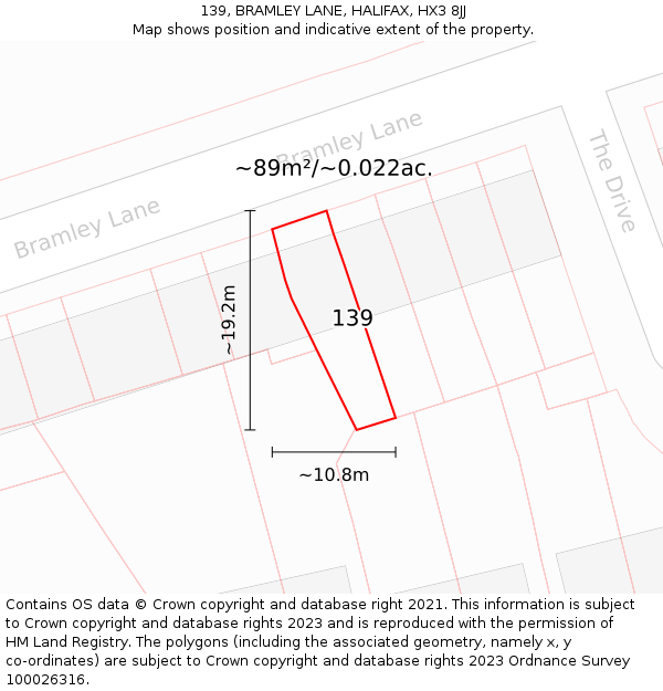 139, BRAMLEY LANE, HALIFAX, HX3 8JJ: Plot and title map