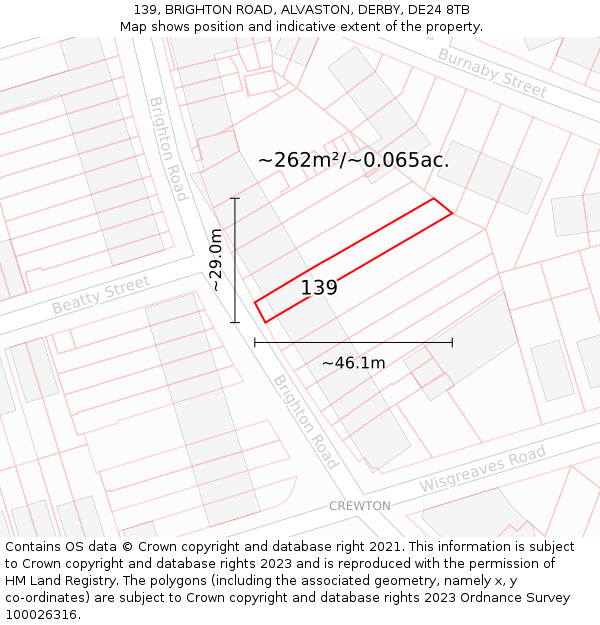 139, BRIGHTON ROAD, ALVASTON, DERBY, DE24 8TB: Plot and title map