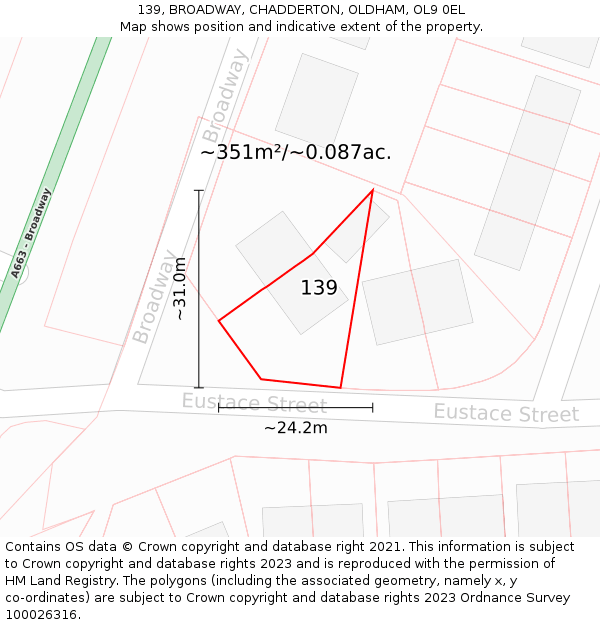 139, BROADWAY, CHADDERTON, OLDHAM, OL9 0EL: Plot and title map