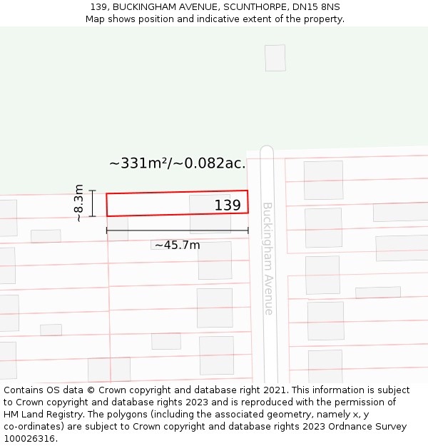 139, BUCKINGHAM AVENUE, SCUNTHORPE, DN15 8NS: Plot and title map