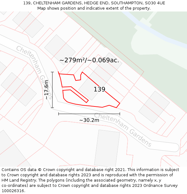 139, CHELTENHAM GARDENS, HEDGE END, SOUTHAMPTON, SO30 4UE: Plot and title map