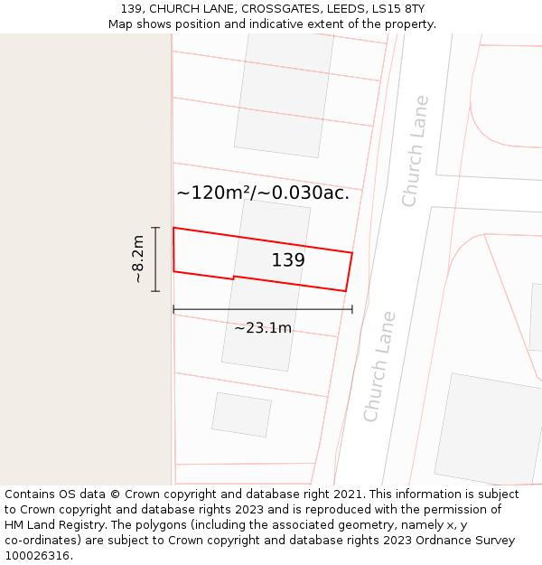 139, CHURCH LANE, CROSSGATES, LEEDS, LS15 8TY: Plot and title map