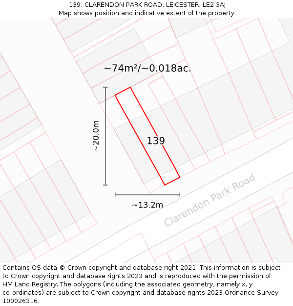 139, CLARENDON PARK ROAD, LEICESTER, LE2 3AJ: Plot and title map
