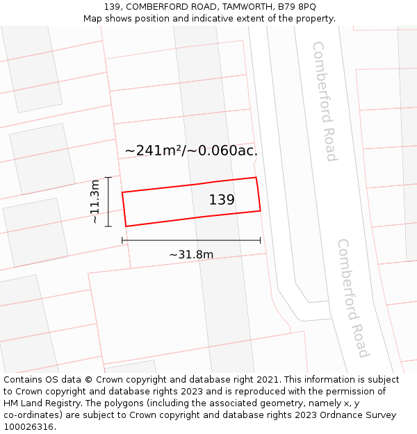 139, COMBERFORD ROAD, TAMWORTH, B79 8PQ: Plot and title map