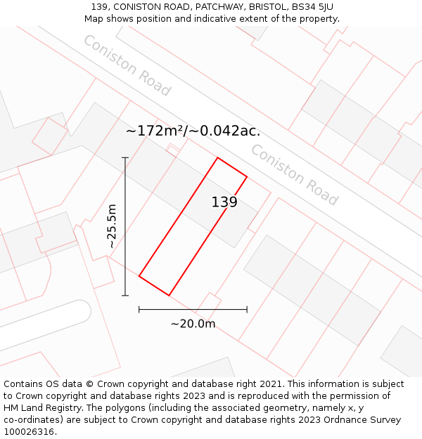 139, CONISTON ROAD, PATCHWAY, BRISTOL, BS34 5JU: Plot and title map