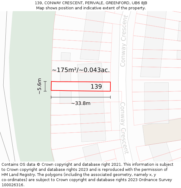 139, CONWAY CRESCENT, PERIVALE, GREENFORD, UB6 8JB: Plot and title map