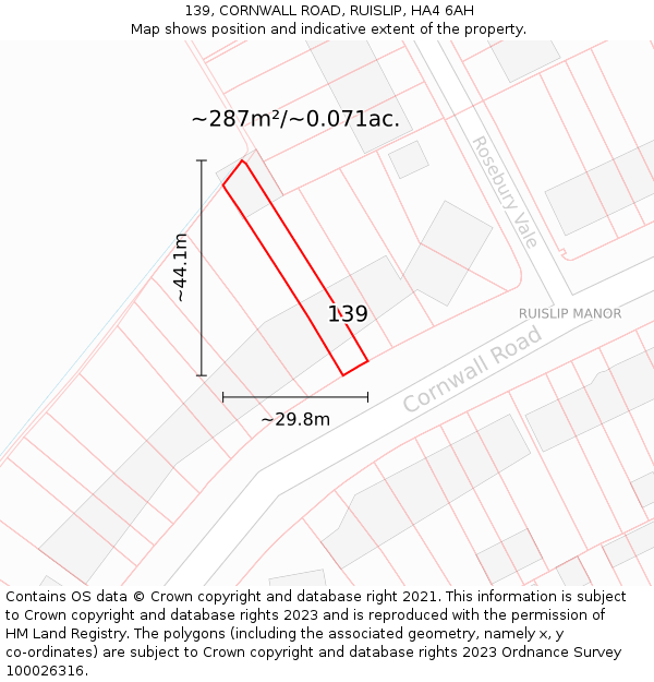 139, CORNWALL ROAD, RUISLIP, HA4 6AH: Plot and title map