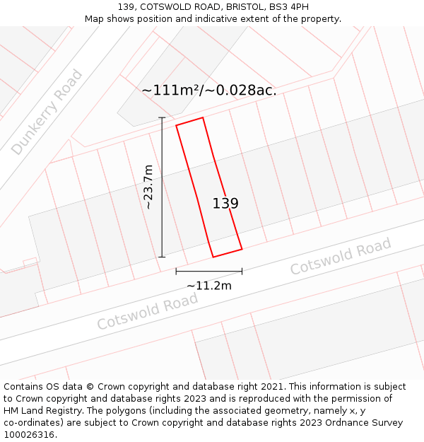 139, COTSWOLD ROAD, BRISTOL, BS3 4PH: Plot and title map