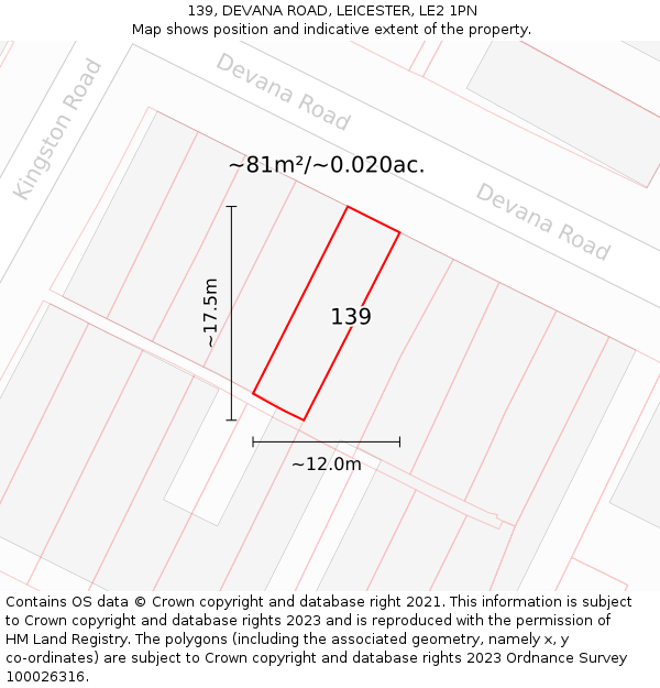 139, DEVANA ROAD, LEICESTER, LE2 1PN: Plot and title map