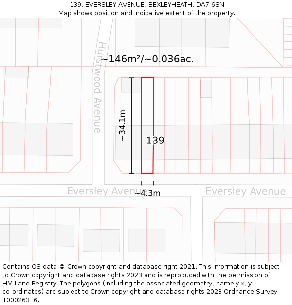 139, EVERSLEY AVENUE, BEXLEYHEATH, DA7 6SN: Plot and title map